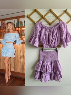Pop Saint Barth Lux Resort Wear Eyelet Ruffled Top and Skirt Set